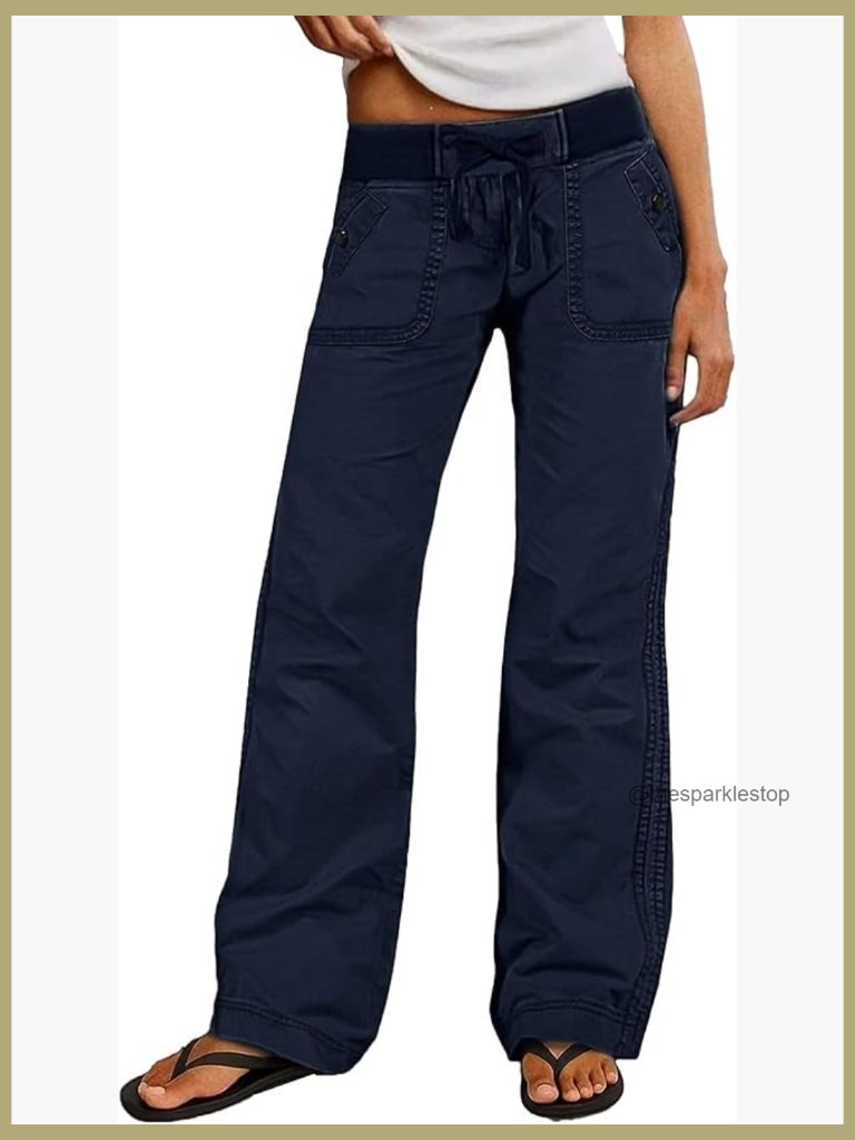 Straight Leg Pants Drawstring Waist Mid Rise Casual Seam Detail Cotton